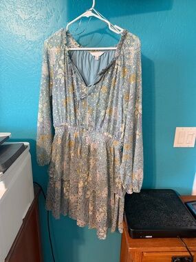 LC Lauren Conrad Dusty Blue Floral Long-Sleeve Tiered Dress